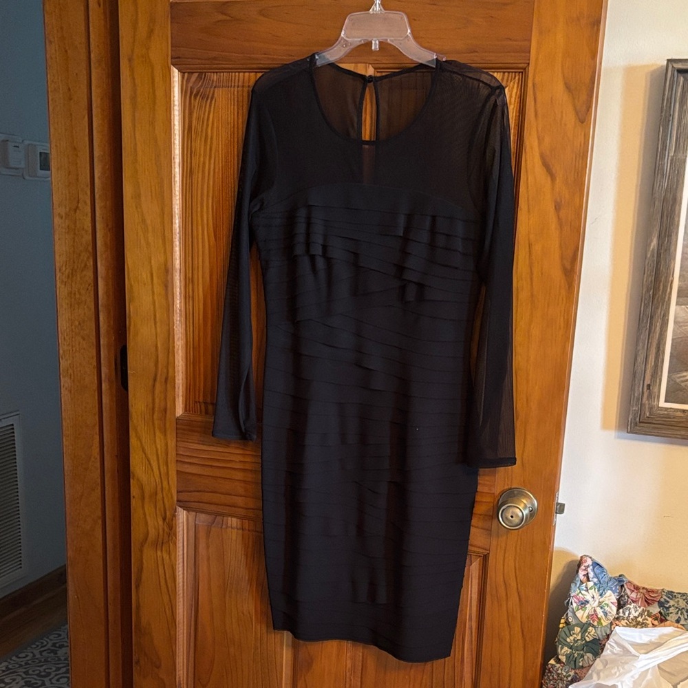 London Times Black Long-Sleeve Layered Sheath Dress